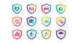 © Maya - Insurance icon set. Gradient shield symbols collection. Protection and security signs. Health car home travel life safety concepts. Modern colorful vector graphic. Policy coverage.