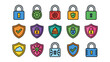 © Maya - Cybersecurity lock and shield icon set. Colorful padlock and shield symbols for data protection, network security, firewall, and privacy concepts in modern flat vector style on white background.