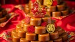 © JUST PURE PHOTOS - Celebratory pastry pyramid adorned with festive decorations on red fabric
