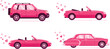 © VectoVerse - Valentine Day pink car collection with romantic SUV, cabriolet, and vintage classic automobile emitting heart shaped exhaust for February fourteen travel and dates,