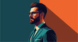© Kecebong Anyut - A stylish, modern man with a beard and glasses, looking thoughtfully to the side against a striking two-tone background, embodying contemporary business elegance.