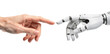 © Red X and Co - Human Hand Touching Robotic Hand AI Technology Connection Concept, Isolated on Transparent and White Background