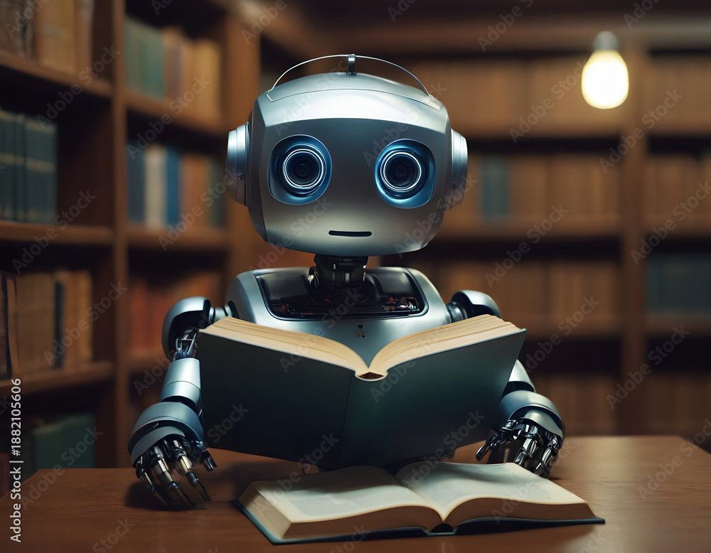 robot reading book, robot ai sits in the library and reads a book ...