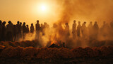 Hyperrealistic documentary photojournalism style stock photo of a Hindu funeral pyre ceremony at dawn, a large community gathered in silhouette around a small burning fire in the c