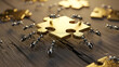 © Prabhash - Ants carrying a golden puzzle piece on a wooden surface 3D render