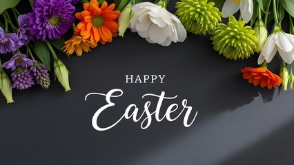  Happy easter greeting with colorful spring flowers