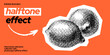 © Olga Che - Halftone lemon fruit. Amalfi Italy coast food. Photocopy comic collage on orange. Retro pop cutout effect illustration. Dotted lemon sketch for limoncello cocktail. Halftone texture scrapbook graphic