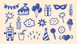 © Arshad - Hand drawn blue doodle birthday party icon set with cake balloons gifts and cute celebration elements
