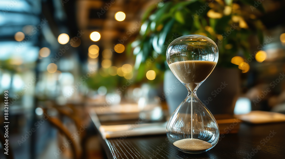 Elegant hourglass with flowing sand on dark table, blurred restaurant background, bokeh lights green plants, time management symbolism, defocused atmospheric setting, with copy spa