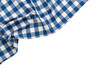 © Billy - Blue and white checkered gingham cotton tablecloth, medium checks, soft folds, draped elegantly on transparent studio background with copy space, bright diffused studio lighting. Concept for culinary