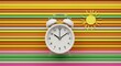 © VectorImage - White alarm clock and sun on colorful striped background