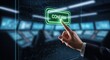 © Asad - Hand pressing glowing green CONFIRM button on futuristic digital interface, technology