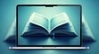 © Mirivox - Open book displayed on laptop screen, teal color scheme, symbolizes online learning, digital reading, knowledge access, education technology