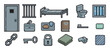 © BraveSpirit - Set of pixelated prison and jail icons with a cell door, bars, cot, toilet, sink, key, and padlock, created in a retro 8-bit video game style