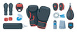 © BraveSpirit - Complete set of boxing training equipment with gloves, a punching bag, headgear, shin guards, and other accessories for combat sports in a flat vector illustration style