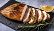 © Rowan - Sliced Herb Roasted Chicken Breast Presented On A Dark Slate Platter Garnished With Lemon Slices And Fresh Rosemary Sprigs The Chicken Is Visibly Seasoned And Slightly Charred