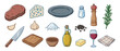 © BraveSpirit - Collection of hand-drawn steak dinner ingredients and utensils including beef, blue cheese, wine, and spices in a charming cartoon illustration style for a gourmet meal concept
