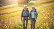 © NeuroCake - Senior couple hiking in a meadow with backpacks. Happy elderly man and woman walking outdoors holding hands. Active retirement lifestyle