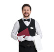 © New Africa - Smiling waiter in gloves with towel and hardcover menu on white background