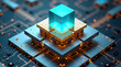© Pixeling Crafter - Futuristic data cube on advanced circuit platform, cutting edge semiconductor technology for ai computing, cloud processing, digital infrastructure, and next generation hardware systems