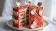 © SUMON - Red layer cake, partially cut to show cream and berry filling. Decorated with gold heart elements and 'Love' lettering, suitable for Valentine's Day, anniversaries, or romantic celebrations.