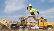 © be free - Builder man run fast to work, banner. Engineer supervisor running outdoor. Supervisor jumping. Excited construction builder. Worker jumping at heavy machines. Man engineer running to success