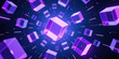 © Aleksei Solovev - Glowing purple cubes move around a central bright cube in a dynamic, dark background, creating a futuristic visualization with lines and dots of light effects.