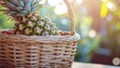 © Betty - A ripe pineapple rests in a woven basket, bathed in the warm glow of sunlight filtering through lush green foliage.