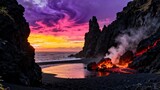 Moody volcanic beach with glowing lava rocks and dark ocean waves
