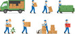 © NURUL - Professional moving service characters set with delivery truck movers carrying cardboard boxes furniture and home decor flat vector illustration