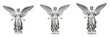 © Rama - Set of three winged angel statues in different poses isolated on white background, stone sculpture of female celestial figure