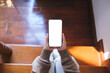 © Farknot Architect - Top view mockup image of a woman holding mobile phone with blank desktop screen while sitting on wooden stairs at home