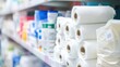 © MyStockz - Neatly stacked rolls of white sterile gauze on a retail shelf for medical supplies