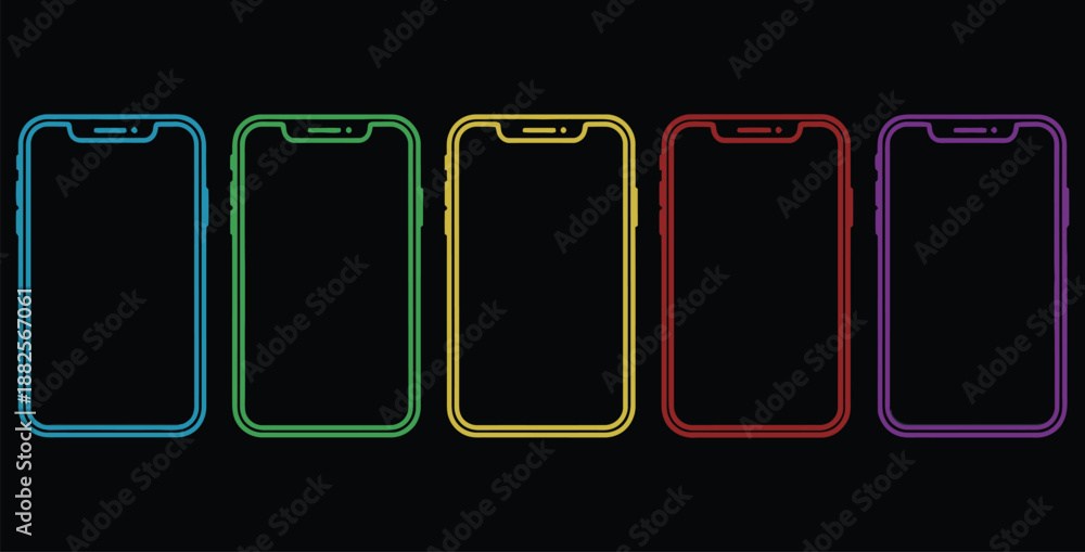 Five different colored line art representations of a modern smartphone ...