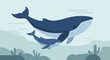 © Vector_Teacher - A majestic mother whale swimming alongside her calf in a serene underwater landscape, depicted in a calming blue and grey illustration, evoking a sense of peaceful coexistence