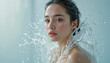 © Choo NSK - Young woman beauty portrait with clear water splash around face, fresh skincare and hydration concept, clean aesthetic with soft light studio