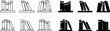 © Rabia - Book racks icon set, representing bookshelf storage for books and documents. Ideal for library systems, adjustable wooden book rack education, office organization, apps, web design, and infographics.