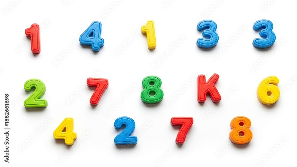 K Number One Colorful plastic toy numbers from one to eight plus a letter K arranged ...