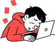 © Mas Muads - Cartoon illustration of an exhausted man sleeping on a laptop showing burnout and fatigue