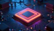 © Monster - Close-up of a glowing central processing unit on a circuit board with neon lights