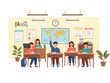 © Vooglo.com - Illustration of children sitting at desks in a classroom with a world map on the wall behind them