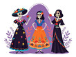 © Vooglo.com - Colorful illustration of three sugar skull women in traditional mexican dresses