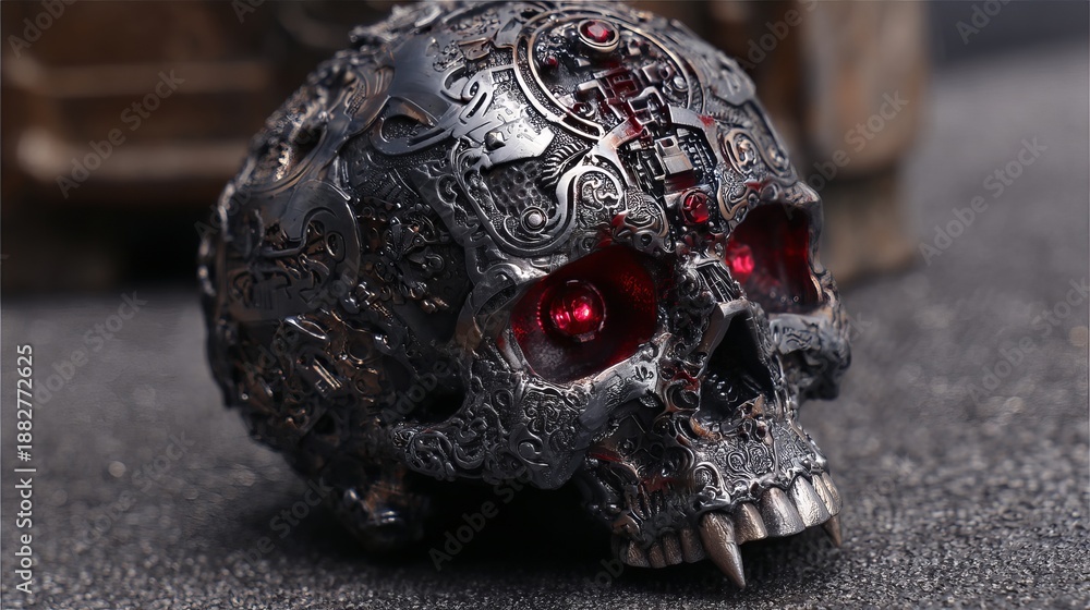 metall skull with read eyes