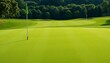 © chanwut - Green golf course landscape with a well-maintained putting green, flagstick, and a distant teeing ground marked by two boundaries,  flagstick,  blue sky