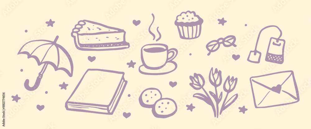 Cozy doodle icons set line sketch vector illustration