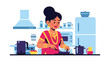 © meeblues - Vector illustration of an Indian woman in traditional clothing cooking in a modern kitchen, showing everyday home life and cultural heritage in a contemporary domestic setting