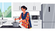 © meeblues - Vector illustration of an Indian woman in traditional clothing cooking in a modern kitchen, showing everyday home life and cultural heritage in a contemporary domestic setting