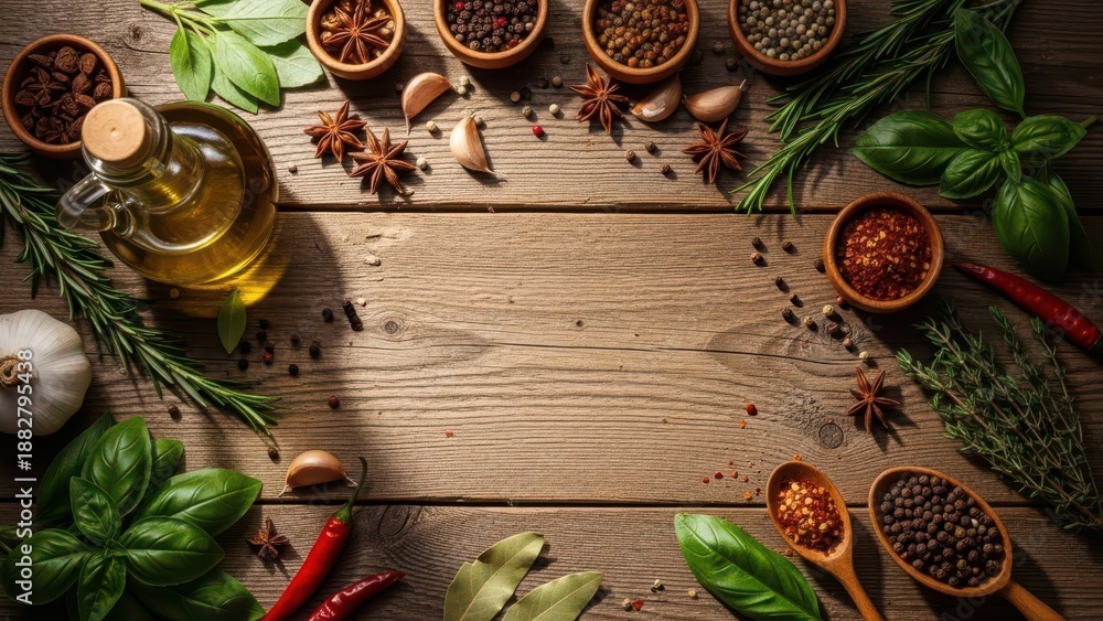 Assortment of fresh cooking ingredients and aromatic herbs on a rustic wooden table for food preparation