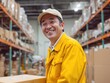 © Jumpei - 倉庫で荷物を持ち笑顔を見せる作業員男性の安心感ある働く現場風景