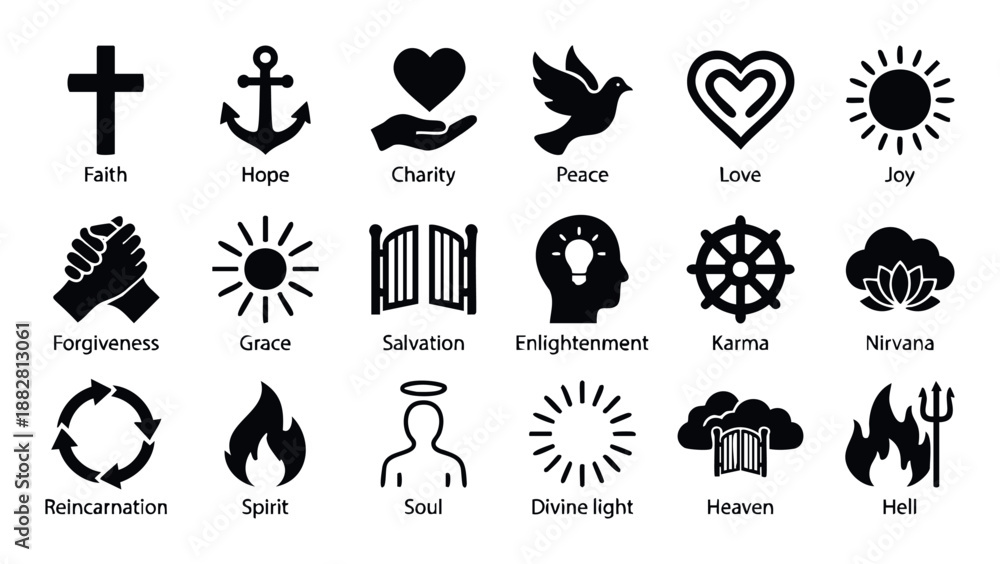 Religious Core Values Icon Comprehensive collection of spiritual and religious belief system icons ...